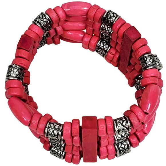 Pink Beaded Stretch Bracelet Silver Tone 1.5" - Picture 3 of 4